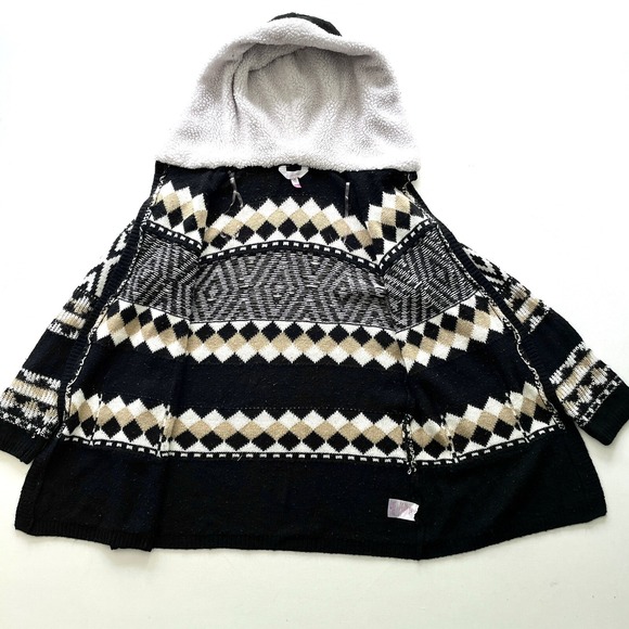 No Boundaries Girls Sweater Large Sherpa Hood Cardigan Black Fair Isle Knit - Picture 13 of 15